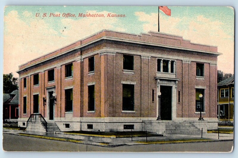 Manhattan Kansas Postcard US Post Office Exterior Building c1912 Vintage Antique