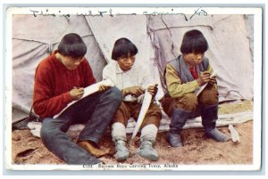 1940 Eskimo Boys Carving Tent Scene Ivory Alaska AK RPO Posted Vintage Postcard