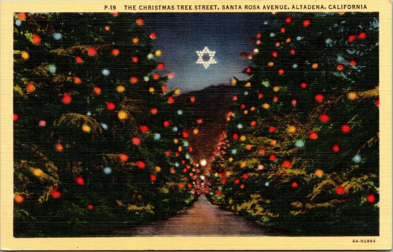 Vtg 1930s Christmas Tree Street Santa Rosa Avenue Altadena CA Linen Postcard