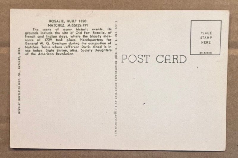 UNUSED POSTCARD - ROSALIE, BUILT 1820, NATCHEZ, MISSISSIPPI