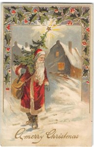 SANTA CLAUS Greetings MERRY CHRISTMAS Xmas Tree 1910s Antique Embossed Postcard