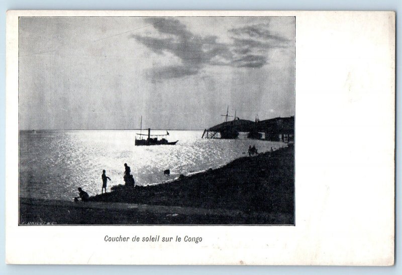 Congo Postcard Sunset Big and Small Boat Sailing c1920's Antique Unposted