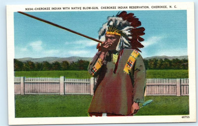 *Cherokee Indian Reservation NC Native Blow Gun Headdress Vintage Postcard C59