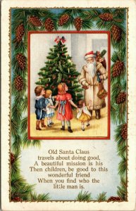 Old Santa Claus poem, white suit robe, children, Christmas Tree, candles, toys