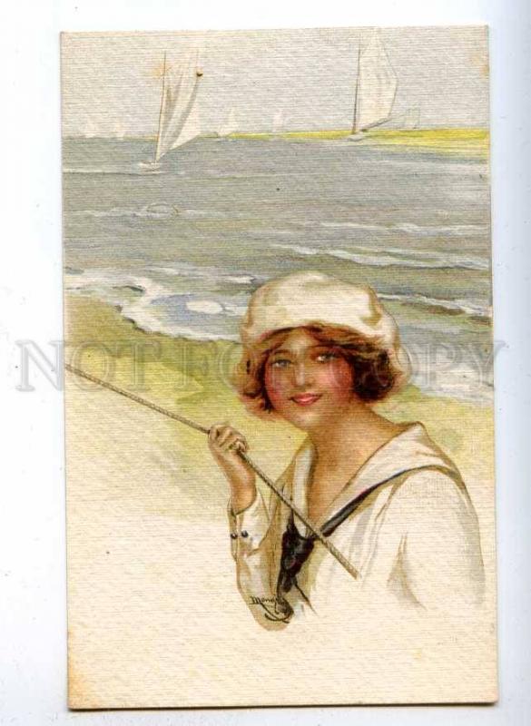 190056 BELLE Lady SAILOR Beach by MONESTIER Vintage Italy PC