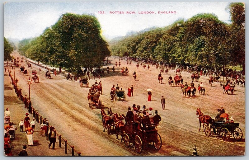Vtg London England UK Rotten Row Horse & Wagons 1910s Street View Old Postcard
