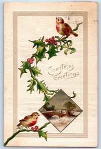 Christmas Postcard Greetings Song Birds Holly Berries Bridge Winter Embossed