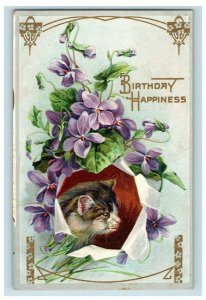 c.1910 Lovely Cat Tabby Violets Flowers Embossed Vintage Postcard F51