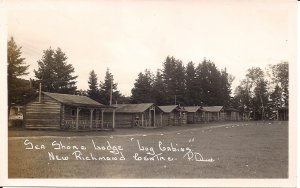 RPPC Canada QC, New Richmond Centre, Log Cabins Sea Shore Lodge, Gaspe,1930- 50s