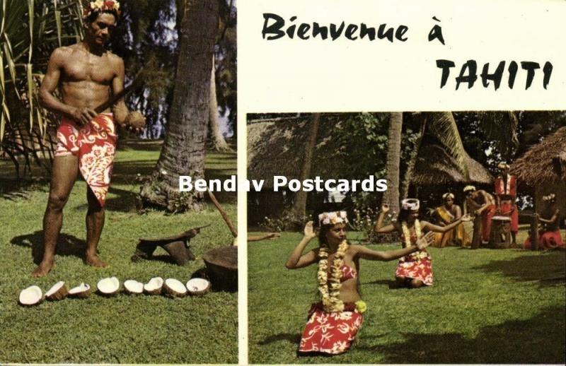 french polynesia Dancing Girls Man cutting Coconuts 1960s