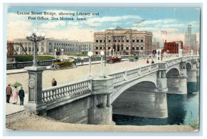 1920 Locust Bridge Showing Library Post Office Des Moines Iowa IA Postcard