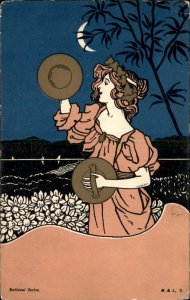 Classic Art Deco Moonlit Beautiful Woman Drum Cymbals Vintage Postcard