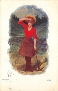 COWGIRL Woman w/ Pickaxe J Tully 1907 Western Art Vintage Postcard Artist-Signed
