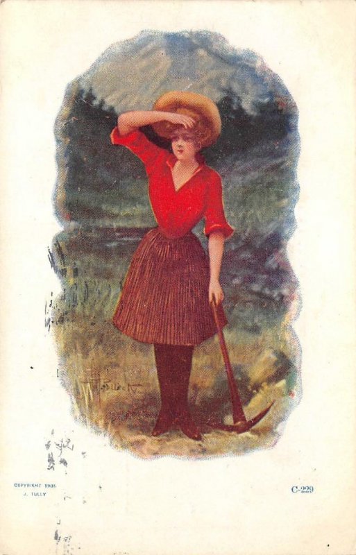 Cowgirl Woman W Pickaxe J Tully 1907 Vintage Western Art Postcard Artist Signed Hippostcard