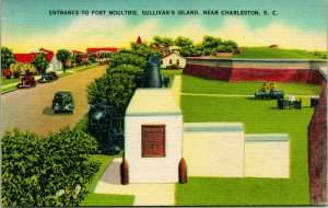 Vtg Linen Postcard - Entrance to Fort Moultrie - Sullivan's Island SC Unused Q17