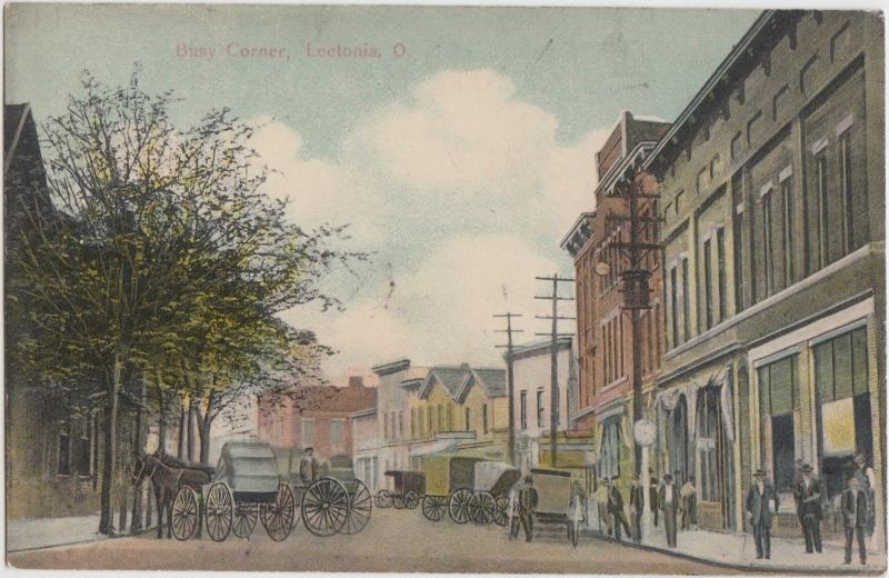 Ohio Postcard 1910 LEETONIA Columbiana County BUSY CORNER Wagons Stores Lisbon