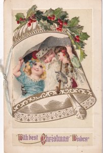 Santa Holds Cane with Girls in Gilt Bell Winsch Booklet Christmas Postcard E42