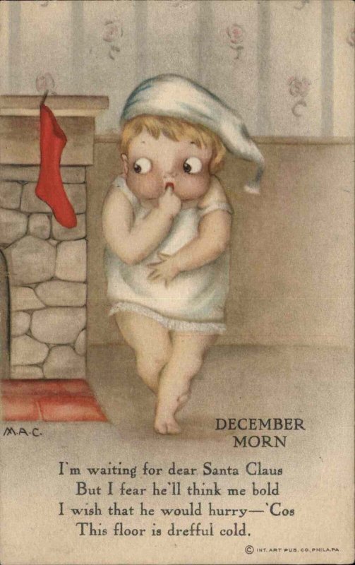 A/S M.A.C. Int'l Art Chubby Chilly Little Girl Waits for Santa c1910 Postcard