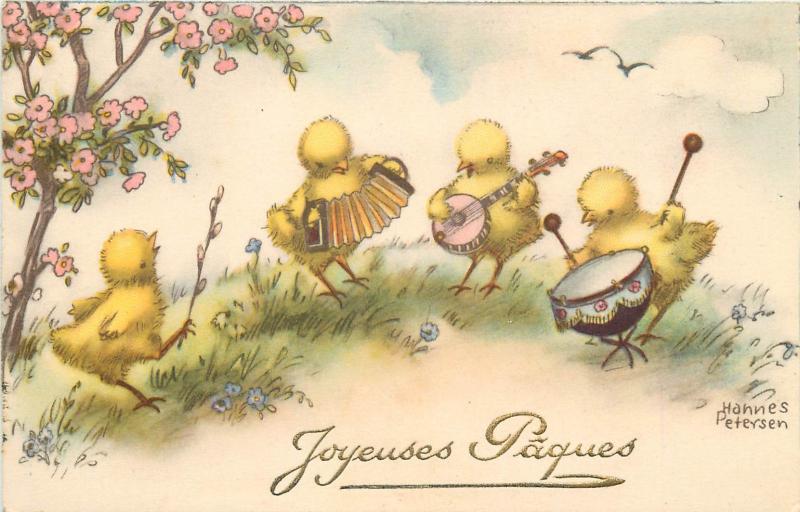 Hannes Petersen artist Easter old postcard chickens band master music fantasy