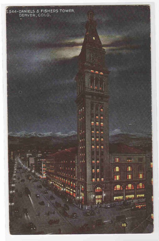 Daniels & Fishers Tower at Night Denver Colorado 1910s postcard
