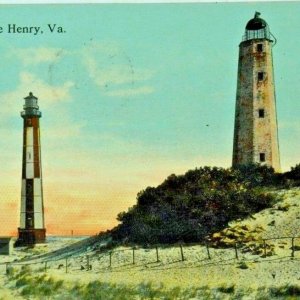 Old and New Lighthouse Cape Henry VA postcard color c1913
