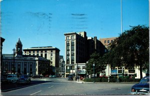 VINTAGE POSTCARD ATLANTIC SQUARE STREET SCENE IN STAMFORD CONNECTICUT 1955