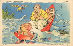 1940s Comic humor man in boat fishing C-93 linen Teich  Postcard 22-11205