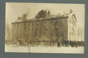 Mt. Morris ILLINOIS RPPC 1912 FIRE Burning OLD SANDSTONE College C.R. CHILDS