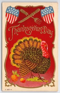 Thanksgiving Day Patriotic Shields Turkey Gold Gilt Postcard V22