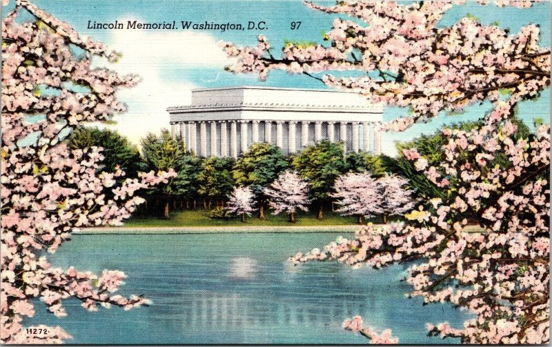 Historic Lincoln Memorial Landmark Cherry Blossom Trees Lake Postcard