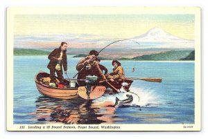 Landing A 36 Pound Salmon Pudget Sound Washington Postcard