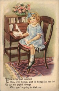 Pretty Little Blonde Girl at Antique Writing Desk G&B c1920 Vintage Postcard