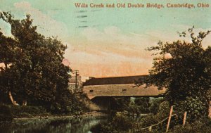 Vintage Postcard 1912 Wills Creek & Old Double Bridge Zanes Trace Cambridge Ohio
