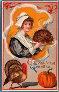 Thanksgiving Greeting Roast Turkey Pilgrim Pumpkin Embossed Vintage Postcard I04