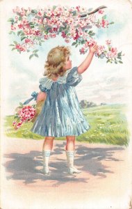 L395 Greetings 1908 Girl blue dress flowers springtime embossed vintage postcard