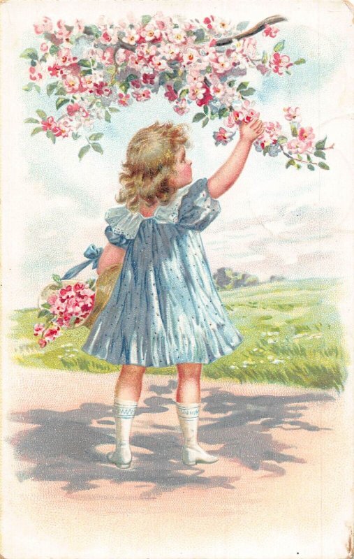 L395 Greetings 1908 Girl blue dress flowers springtime embossed vintage postcard