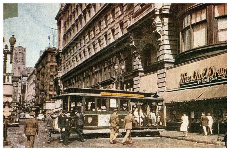 Cable Car Turntable Street Scene Owl Drug Rexall San Francisco Postcard