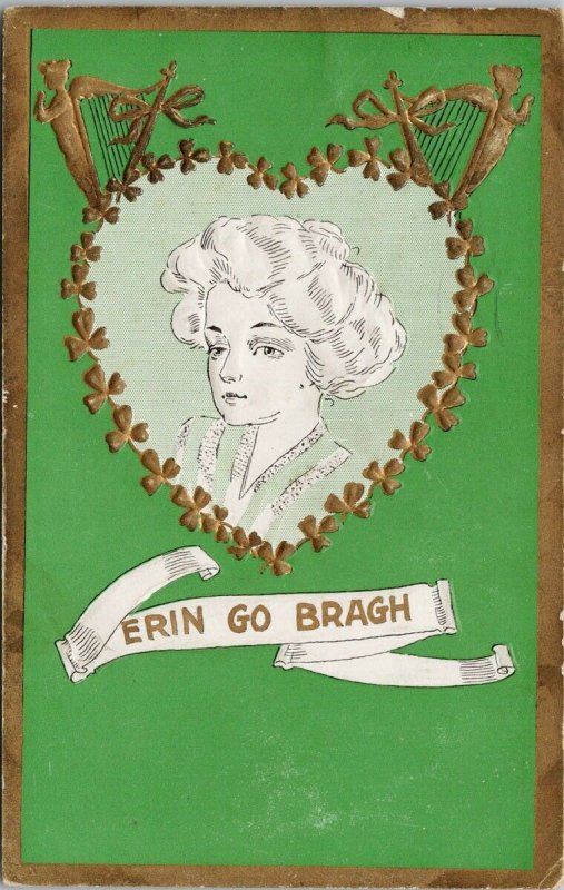 Erin Go Bragh St. Patrick No 1018 Heart Harps Green Embossed Postcard G23