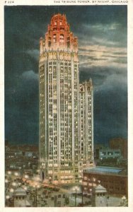 Vintage Postcard 1948 Tribune Tower By Night North Michigan Avenue Chicago IL