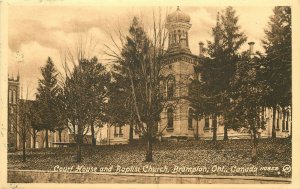 c1910 Lithograph Postcard; Court House & Baptist Church, Brampton Ontario Canada