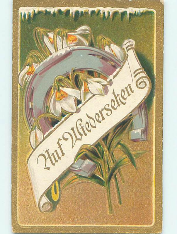 Pre-Linen art nouveau GERMAN GOODBYE MESSAGE WITH FLOWERS AND HORSESHOE HJ3694