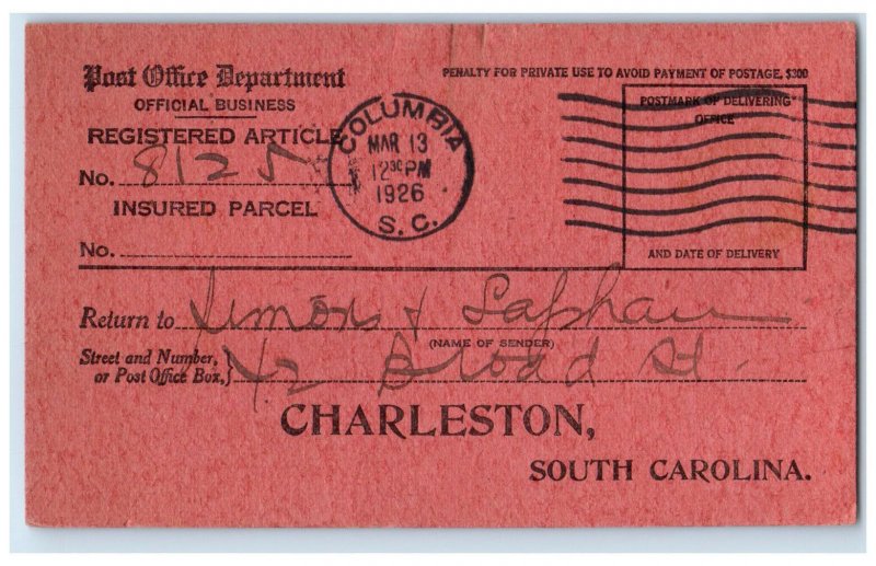 1926 Date of Delivery Return Reciept Charleston South Carolina SC Postal Card