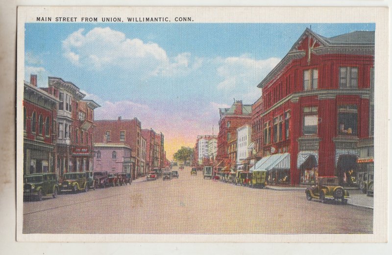 P2994, old postcard main street & union many old cars etc willlimatic conn