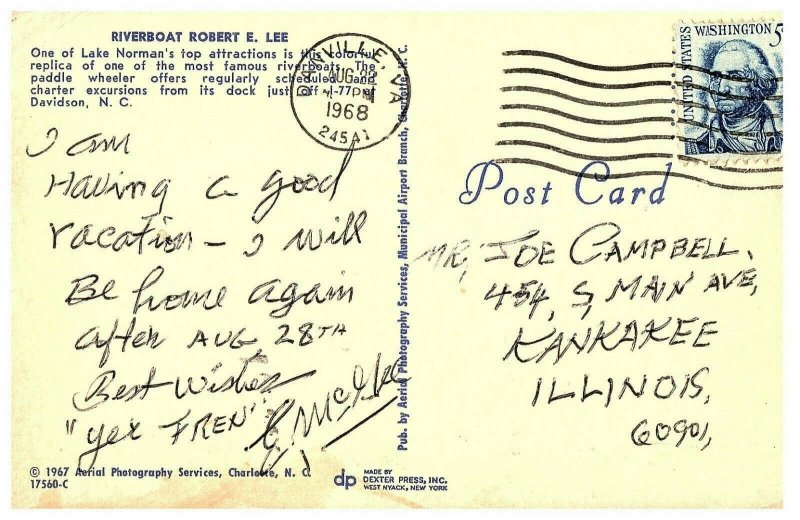 Riverboat Robert E. Lee Postcard lake Norman 1968