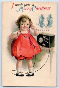1923 Christmas Little Girl Radio Hanging Socks Wolf Red Wing MN Vintage Postcard