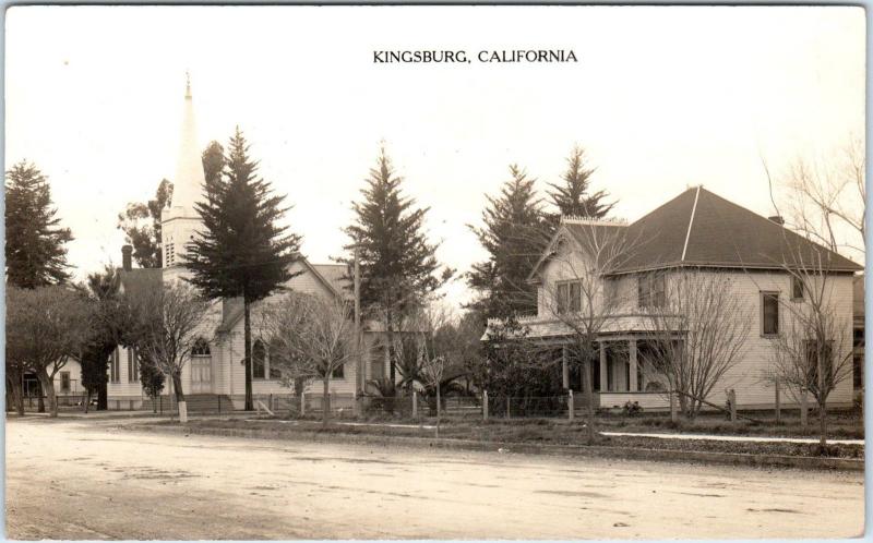 RPPC KINGSBURG, CA California   STREET SCENE Church & House  1915  Postcard