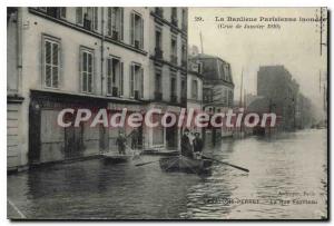 Postcard Old Levallois Perret Fazilleau street flooding in January 1910 the P...