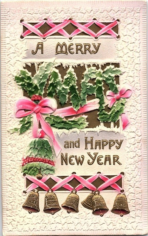 c1910 MERRY XMAS HAPPY NEW YEAR HARLAN IOWA HEAVILY EMBOSSED POSTCARD 39-245