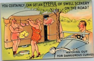 postcard Trailer Comics - road scenery dangerous curves women hanging lingerie