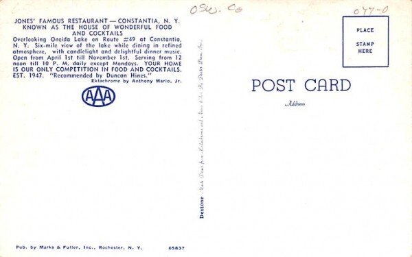 Jones' Famous Restaurant Constantia, New York Postcard